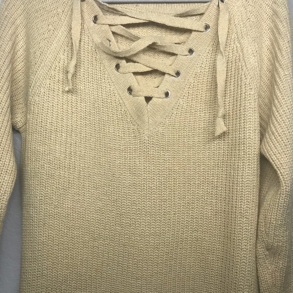 Tan Lace Up Oversized Knit Sweater - Picture 4 of 6